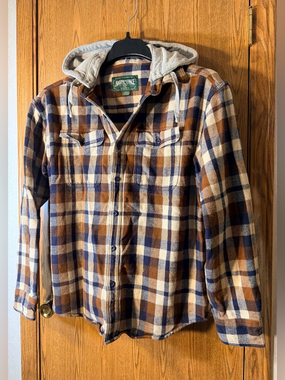American Eagle Outfitters Brown, Blue & White Plaid Hooded Button-Down Flannel - Picture 1 of 6